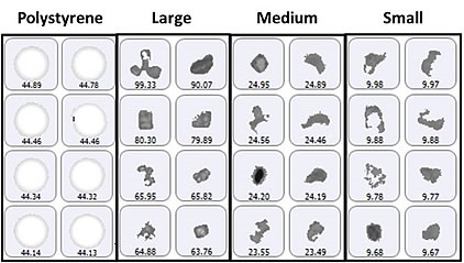 Representative particle images from each size band defined for the lysozyme sample on a membrane filter. Note that the scale is not the same for each group.