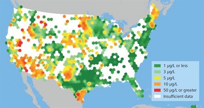 Distribution of arsenic in the ground water in the US. Shown here is the 75th percentile, in each case within a radius of 50 km. That means that the concentrations in the samples investigated within a range of 50 km were lower than the specified value in 75% of the cases – and higher in 25%. Figure: U.S. Geological Survey.