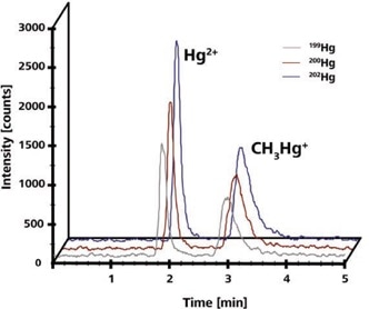 10 μg/L Hg(II) and CH3Hg+. Chromatograms obtained at different masses were shifted for clarity. Column: DVB-C18 column, 150 × 4.6 mm, 2 μm; eluent: 50 mmol/L pyridine, 0.5% (w/v) mmol/L cysteine, 5% (v/v) methanol (pH = 3); flow rate: 1 mL/min, isocratic; m/z 199, 200, 201, 202.