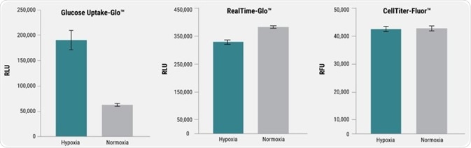 MCF7 cells grown under hypoxia (1% oxygen) show an increase in Glucose Uptake-Glo™, indicating an increased glycolytic rate. The same cells demonstrate no significant change in viability using the RealTime-Glo™ and CellTiter-Fluor™ Assays.