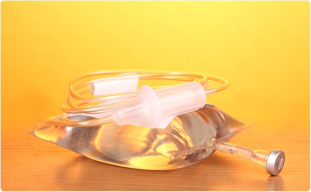 Bag of intravenous antibiotics on table top