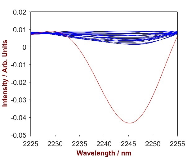 2nd derivative spectra of 12 Polyquaternium-7-shampoo mixtures with Polyquaternium-7concentration differing from 0.2-1.9% (blue). The overlay with pure Polyquaternium-7 (red) identifies the significant wavelength region of 2225-2250 nm.