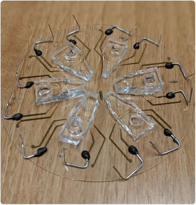 This image shows six devices with biosensors to detect whether a cancer cell is alive when it passes through a tiny hole for fluids. The devices fit on a 3-inch wide piece of glass. Image Credit: Zhongtian Lin