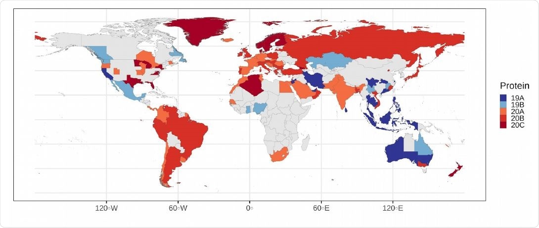 Most common clade on each polity as seen in the map, clades 19A and 19B dominate in Oceania and southeast Asia, whereas clades 20A, 20B and 20C dominate in South America, Europe and North America.