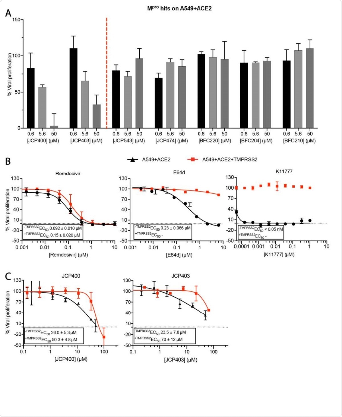 Potency of Mpro hits in cellular SARS-CoV-2 infection assays. A) Two out of six newly identified Mpro inhibitors are active in A549+ACE2 infection model. B) SARS-CoV-2 inhibition curves of Remdesivir, E64d and K11777 in A549+ACE2 cells with or without expression of TMPRSS2. C) SARS-CoV-2 inhibition curves of Mpro inhibitors JCP400 and JCP403 in A549+ACE2 cells with or without expression of TMPRSS2. Data are means ± SD of two replicate experiments.