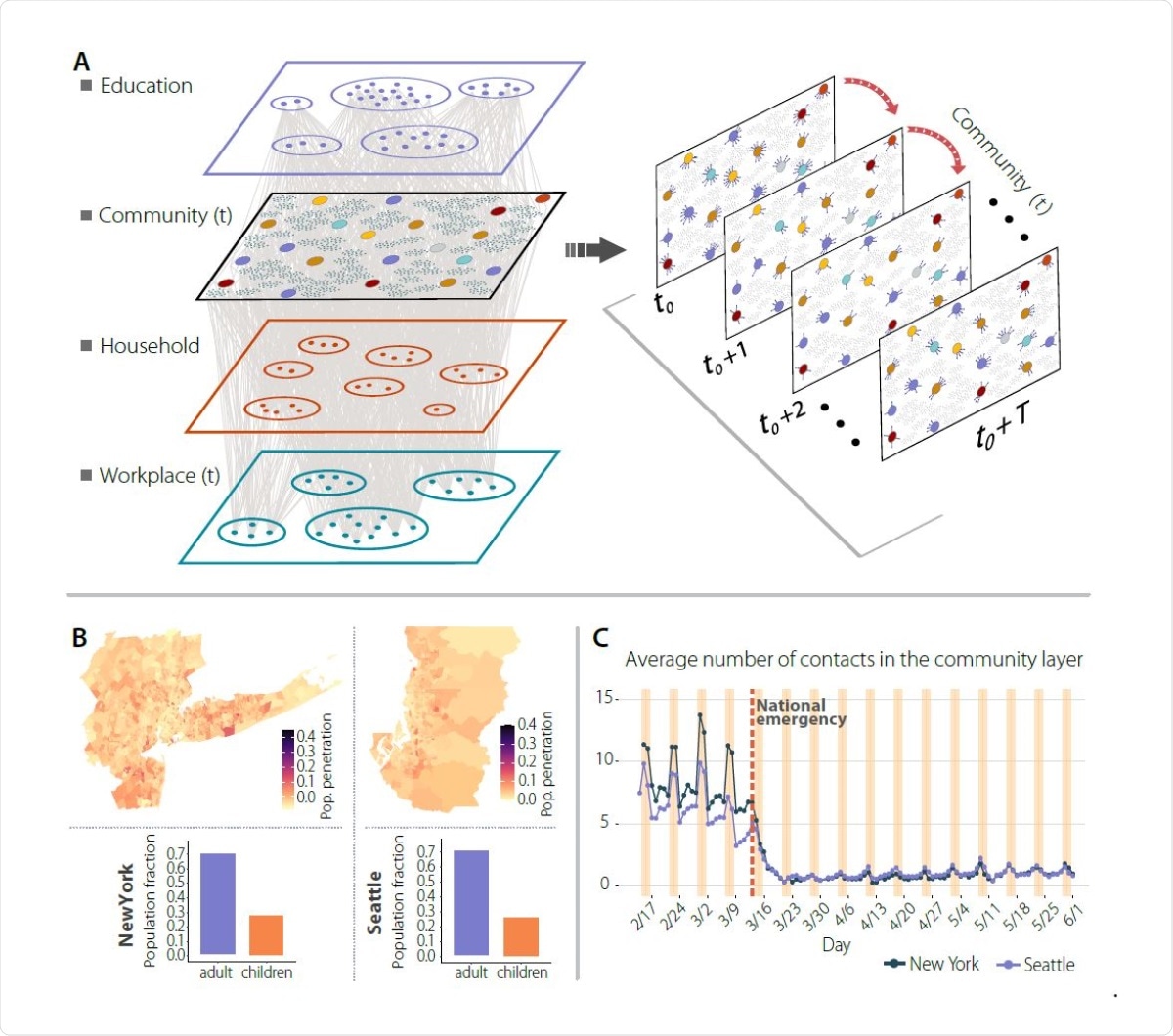 Network components, New York and Seattle metropolitan areas population and social contacts dynamics at the Community layer over time. Panel a is a schematic illustration of the weighted multilayer and temporal network for our synthetic population built from mobility data. There are three different compartments, Schools and Households layers that are static over time, and the workplace and community layer has a daily temporal component. Panel b shows the geographic penetration of mobile devices from our mobility data compared to the total population for the New York and Seattle metropolitan areas. Panel c represents the average daily number of contacts in the community layer for both metropolitan areas.