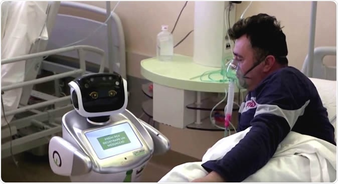 Six robot nurses at Circolo hospital in Varese, Italy, are reading information from equipment that measures patients