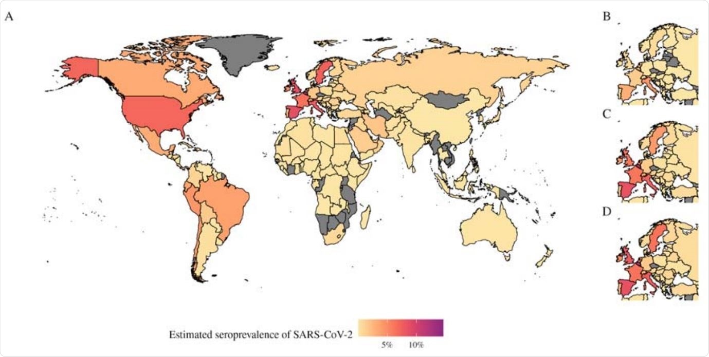 Map of estimated seroprevalence in different countries over time. A) Estimated seroprevalence of SARS-CoV-2 globally as of 7th June 2020, for all countries we have estimates for. B–D) The estimated seroprevalence of SARS-Cov-2 in Europe on B) 31st March, C) 30th April and D) 31st May.