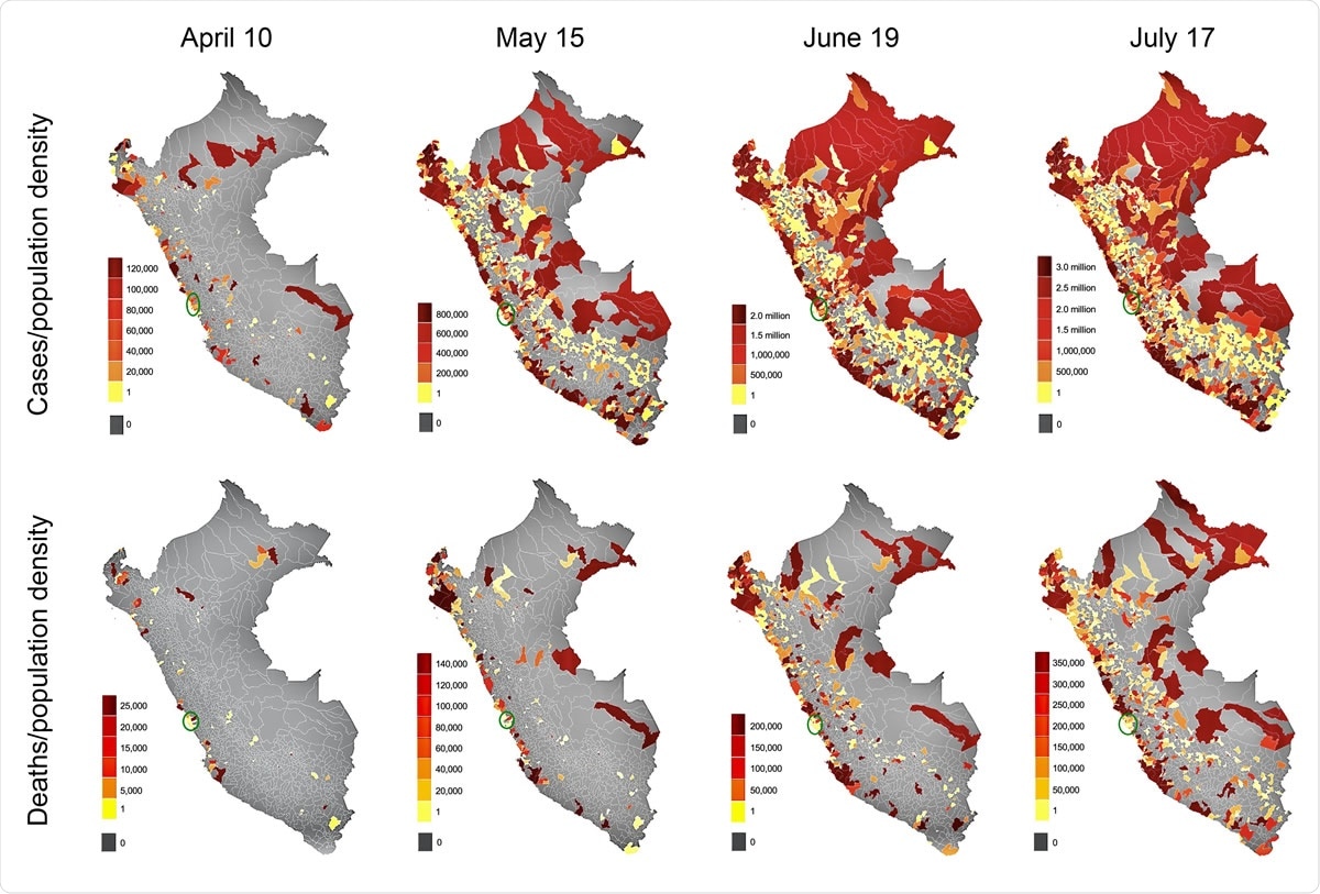 District-level map of case and death rates in Peru, normalized for population density. Cumulative COVID-19 case and death rates per population density [cases or deaths/(persons/Km2)] on each of the indicated cut-off dates are mapped at the district level. Heatmaps and their equivalencies are specific for each date. The numbers indicate the upper limits of value range. Blue circles are indicators of the Lima metropolitan region.