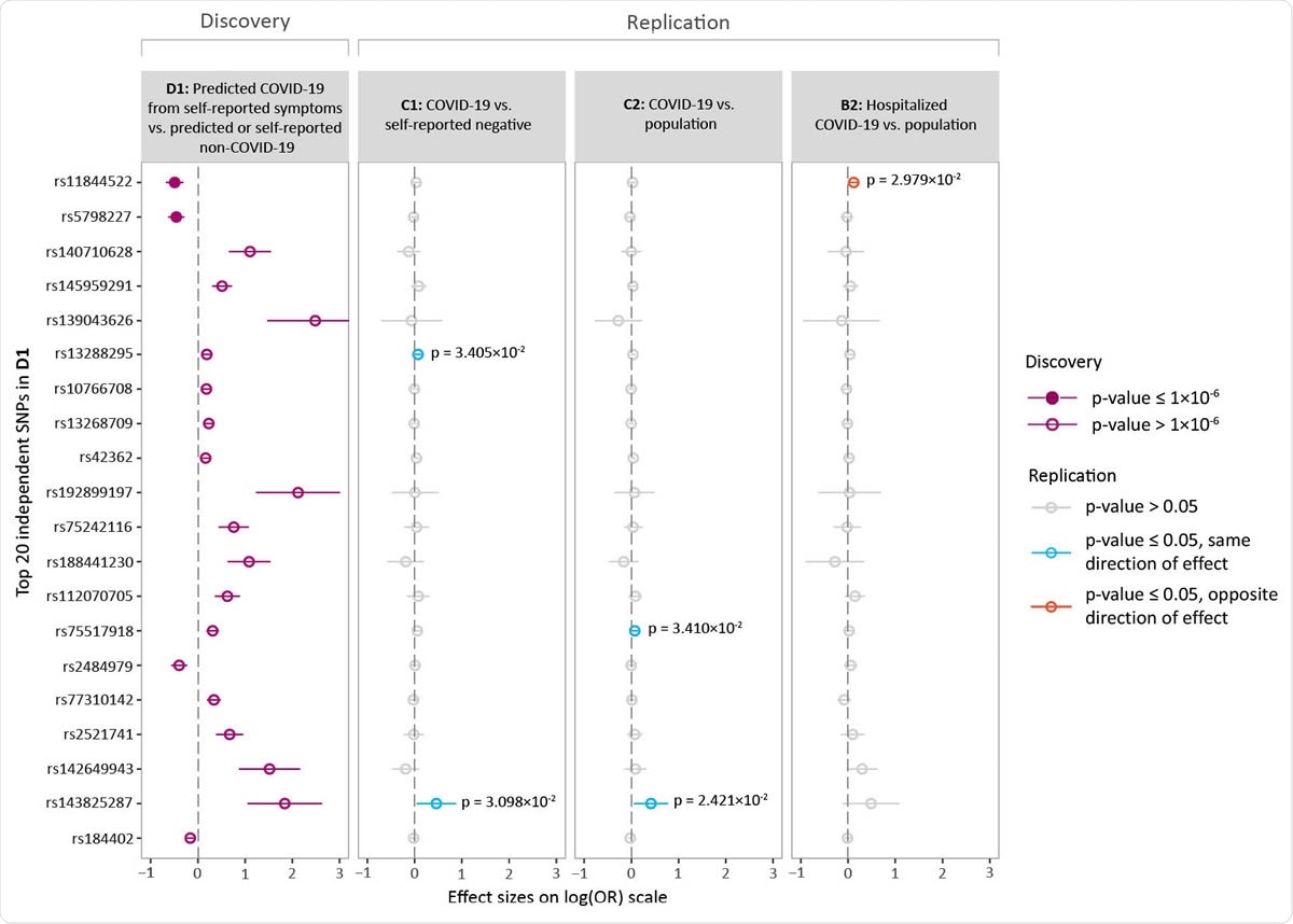 Overview of the top loci associated with predicted COVID-19. Shown are the effect size estimates of the top 20 independent SNPs associated with predicted COVID-19 (D1) and each of their associations with C1 (COVID-19 vs. self-reported negative), C2 (COVID-19 vs. population) and B2 (Hospitalized COVID-19 vs. population). The effect sizes are shown with the risk allele odds ratio (OR) on a log-scale with a corresponding 95% confidence interval (CI). Colours indicate various p-value thresholds as described in the figure legend.