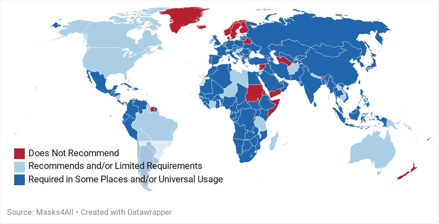 Which countries require or recommend public mask usage to help contain COVID-19 infections (date: July 30, 2020)
