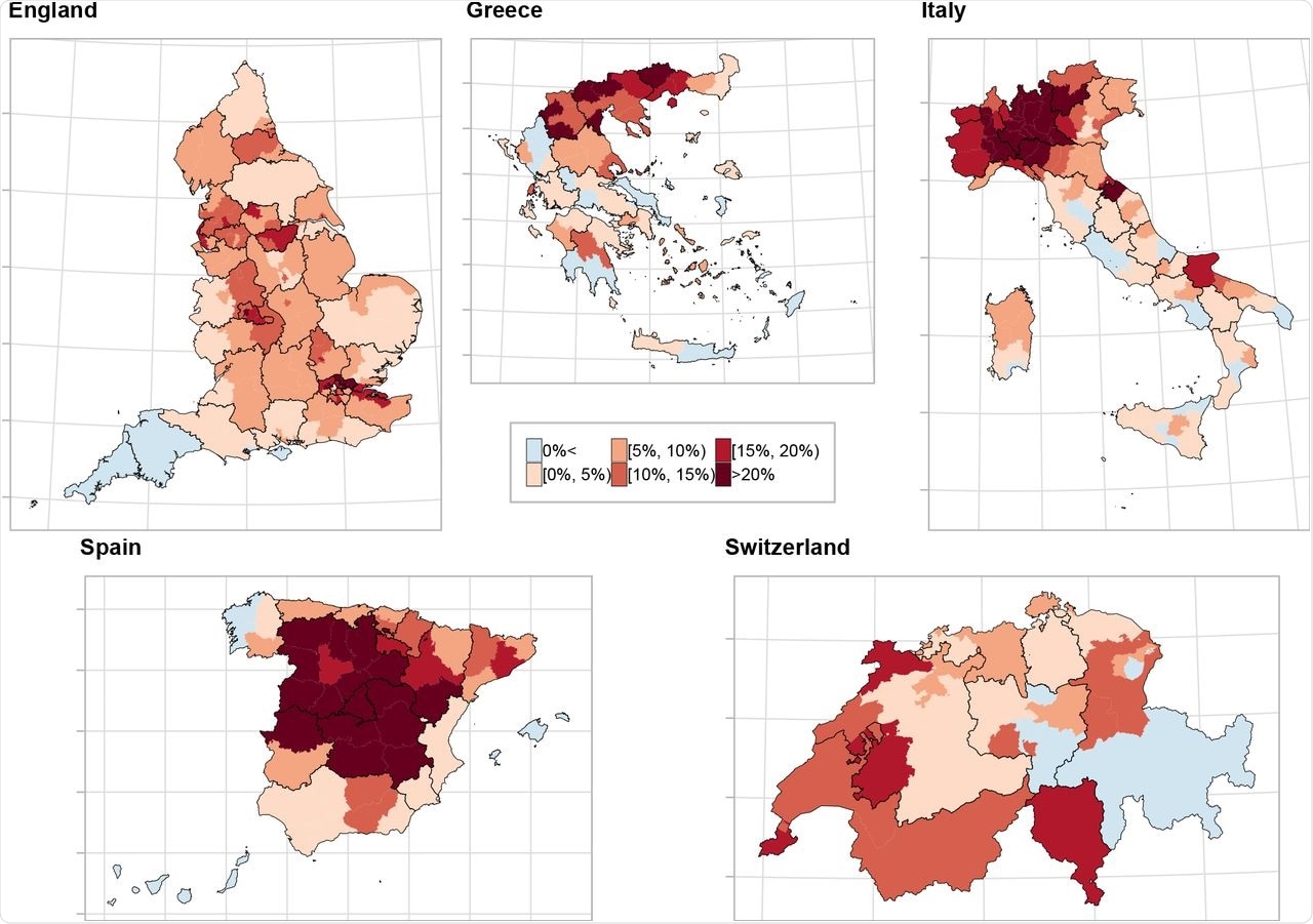 Median relative excess deaths (%) across the different countries by NUTS3 region in 2020. The different panels show the median relative excess deaths in (clockwise) England, Greece, Italy, Spain and Switzerland in categories. Areas in blue indicate areas that observed less deaths than expected had the pandemic not occurred, whereas the different shades of red indicate the higher relative excess mortality. The black solid lines correspond to the NUTS2 region borders.