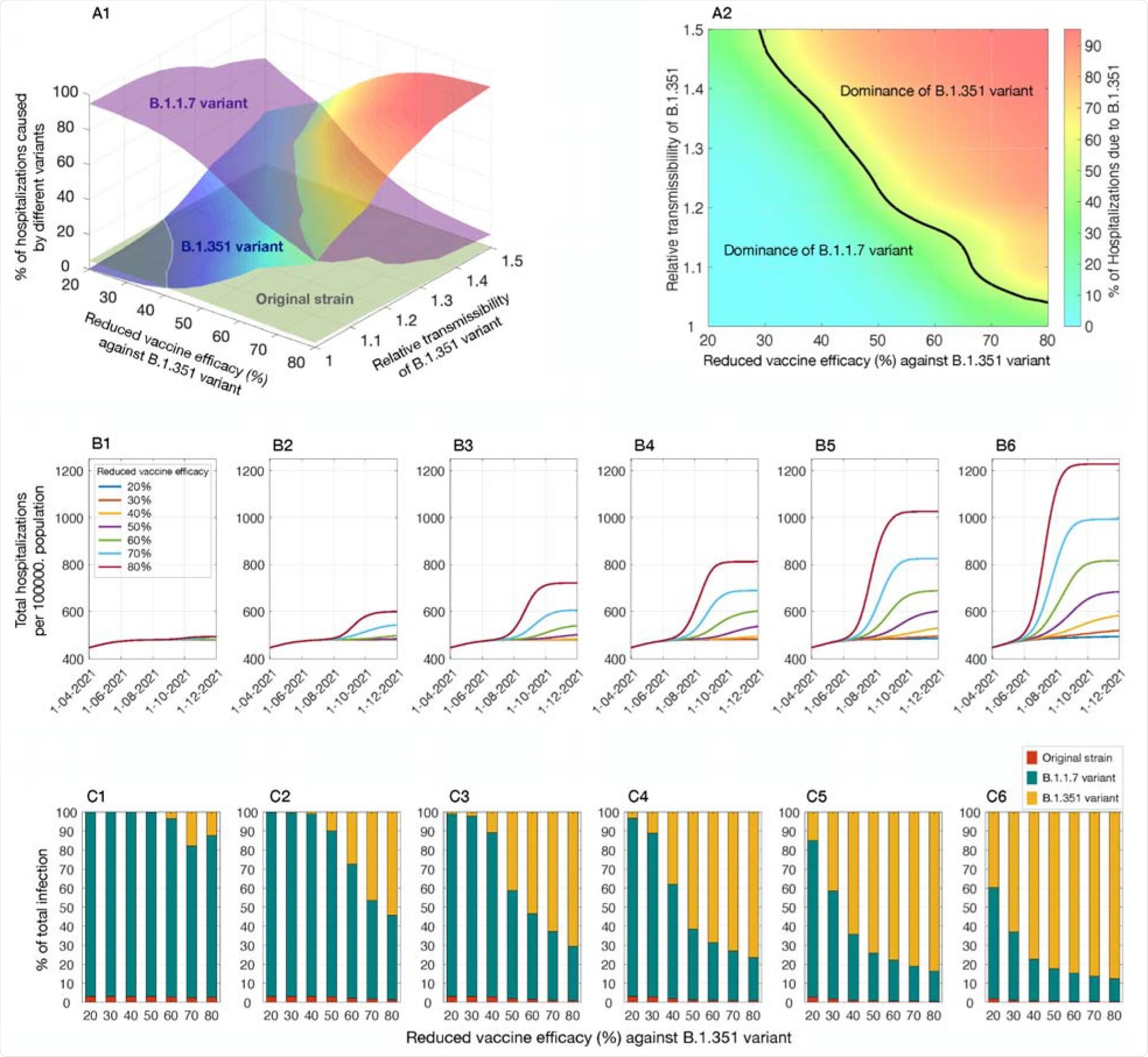 Projected hospitalizations and infections caused by the variants and the original strain between April 3 to December 31, 2021 (A1) Percentage of hospitalizations due to infections by different variants, with varying transmissibility of B.1.351 relative to the original strain, and reduced efficacy of Moderna vaccines against B.1.351. (A2) Dominance regions in percentage of hospitalizations caused by B1.1.7 and B.1.351 separated by the threshold curve. (B1-B6) Total hospitalizations per 100,000 population for B.1.351 transmissibility increased by a factor of: 1 (B1), 1.1 (B2), 1.2 (B3), 1.3 (B4), 1.4 (B5), 1.5 (B6) relative to the original strain. (C1-C6) Percentage of total infections caused by different variants corresponding to the relative transmissibility of B.1.351 in B1-B6.