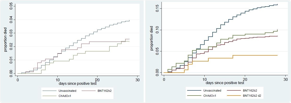Proportion died by vaccination status (a) 70-79 year olds (b) 80+ year olds