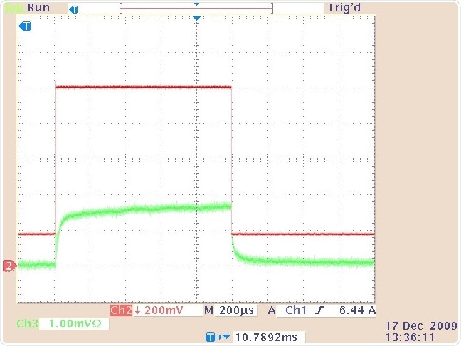 The quasi-cw laser output (lower trace) and drive current waveform (upper trace) for 0.5-ms duration. 8.2 A drive current pulse superimposed on a 1.8 A continuous bias current.