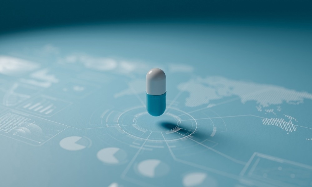 Capsule in mid-air on graphs and big data of the global diffusion of the new pharmaceutical drug.