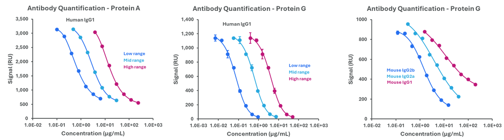  Representative standard curves for Protein A and Protein G assays.