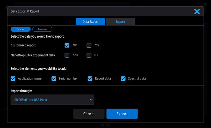 Export data in multiple file formats and select the type of data exported.
