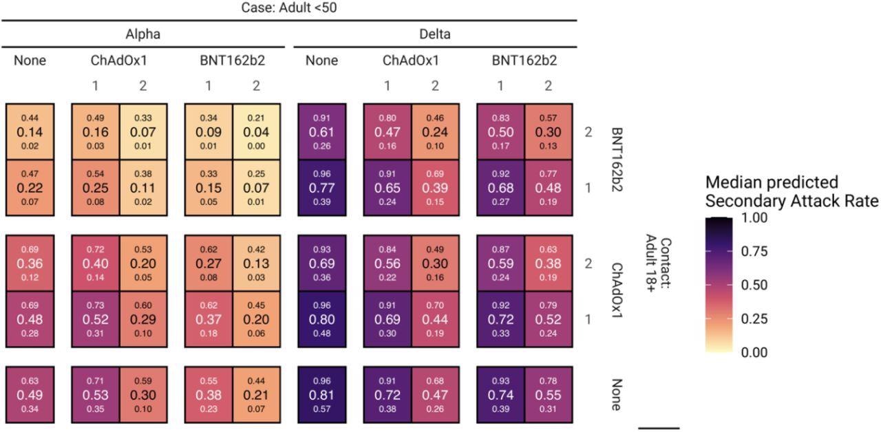 Predicted secondary attack rates (SARs) for each combination of vaccine status of case and contact. Large numbers inside cells are the median SAR, with the small numbers below and above corresponding to the 95% credible interval.