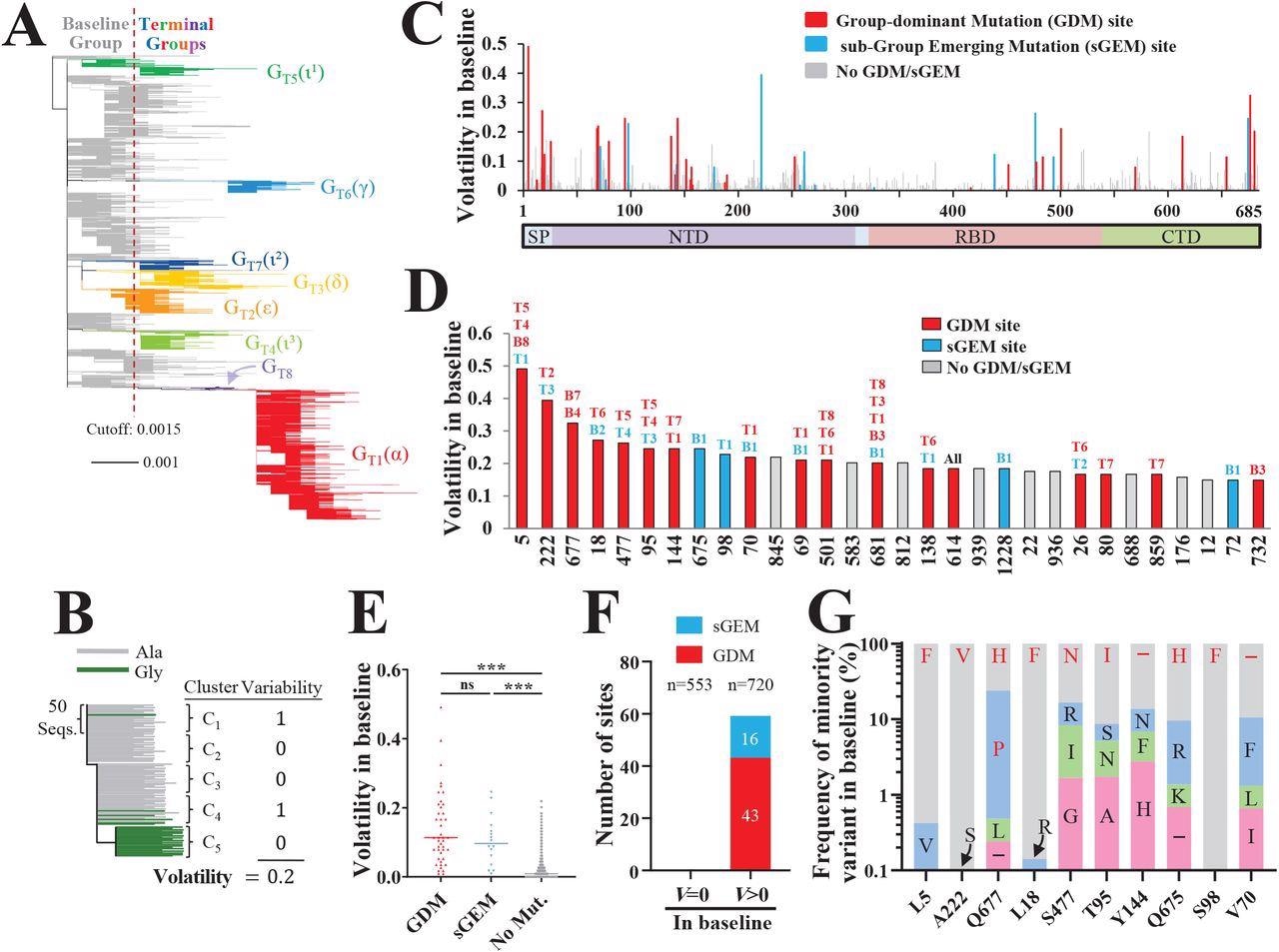Spike positions with high volatility appear as sites of group-dominant or subgroupemerging mutations. (A) Phylogenetic tree based on 16,808 unique spike sequences. Terminal groups are colored and labeled, with their WHO variant designations in parentheses. (B) Schematic of our approach to calculate volatility for each position of spike. (C) Volatility values for all positions of spike subunit S1, calculated using the 114 baseline clusters (see values for S2 subunit in Figure S1C). (D) Thirty spike positions with the highest volatility values. The baseline (“B”) or terminal (“T”) groups that contain mutations at these positions are indicated. (E) Comparison of volatility values for spike positions that emerged with a GDM, sGEM or no such mutations. P-values in an unpaired T test: ***, P<0.0005; ****, P<0.00005; ns, not significant. (F) Number of sites that appeared with GDMs and sGEMs when volatility (V) in the baseline group was zero or larger than zero. The number of site in each subset (n) is indicated. (G) Frequencies of minority variants (nonancestral residues) at the ten positions of spike with the highest volatility values (see panel D). Frequencies are expressed as a percent of all sequences with a non-ancestral residue at the indicated position. The residues that emerged as GDMs or sGEMs are indicated in red font.