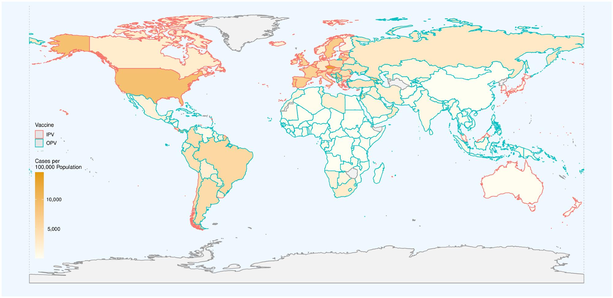 The distribution of COVID-19 incidence rate in each country. The fill color reflects the cumulative number of cases diagnosed with the disease per 100,000 population. The countries’ border color shows the type of polio vaccine used in each country. Complete data were not available for gray areas. Made with Natural Earth (https://www.naturalearthdata.com/).