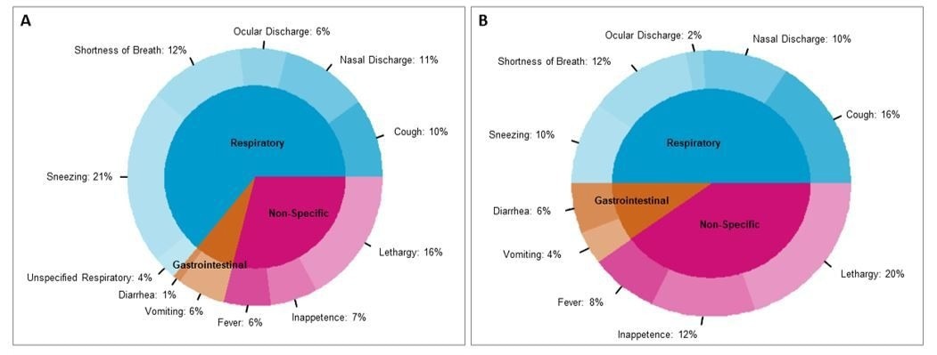 Clinical signs reported in cats (n=55; A) and dogs (n = 42; B). Of 97 animals with clinical signs, the proportion of each clinical sign being displayed are shown within each species. Since a given animal may display multiple clinical signs, percentages are calculated by number of signs displayed, not by individual animals.