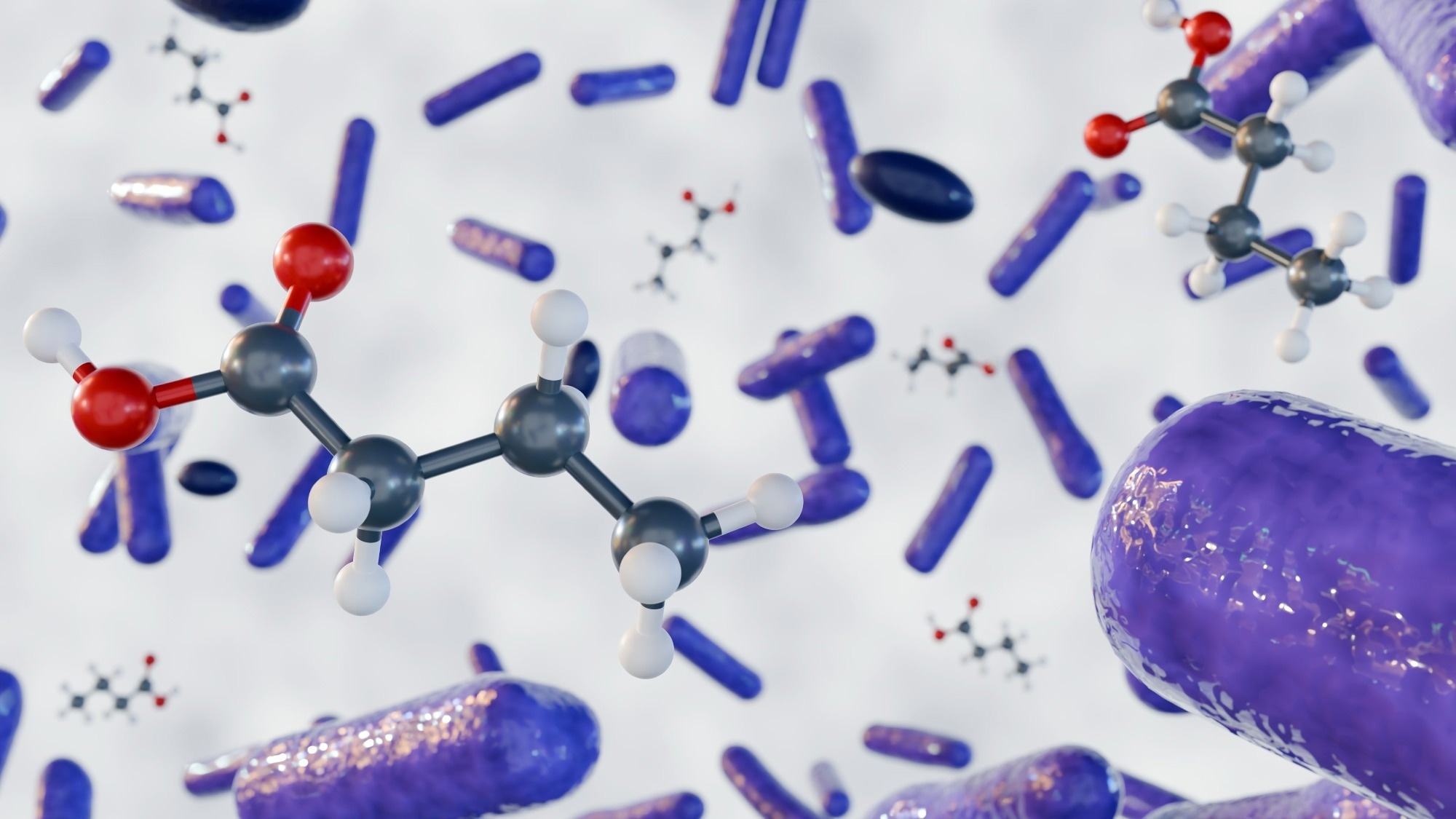 3d rendering of butyric acid molecules and bacterial species.