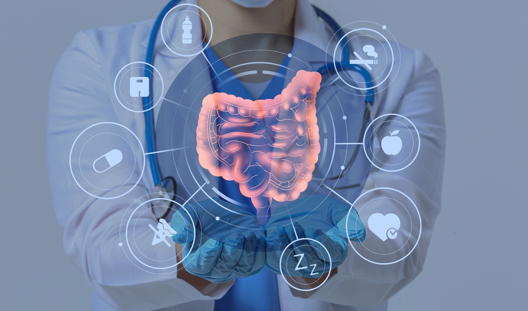 Doctor with bowel and different icons on virtual screen against color background